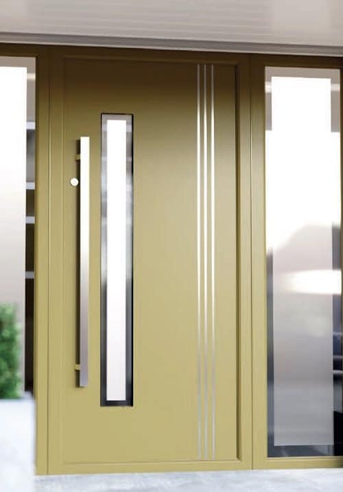 Modern yellow door with vertical glass panels.