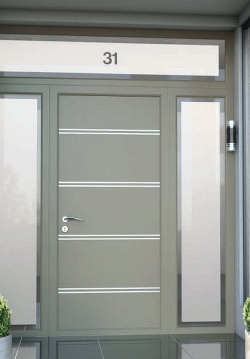 Modern grey front door with side glass panels.