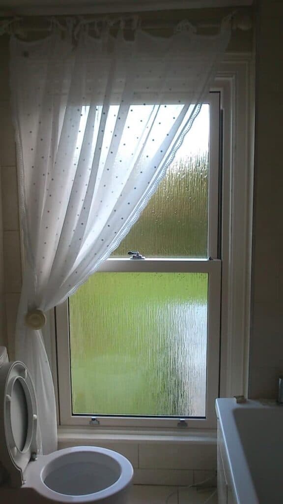 Bathroom window with sheer curtains and frosted glass.