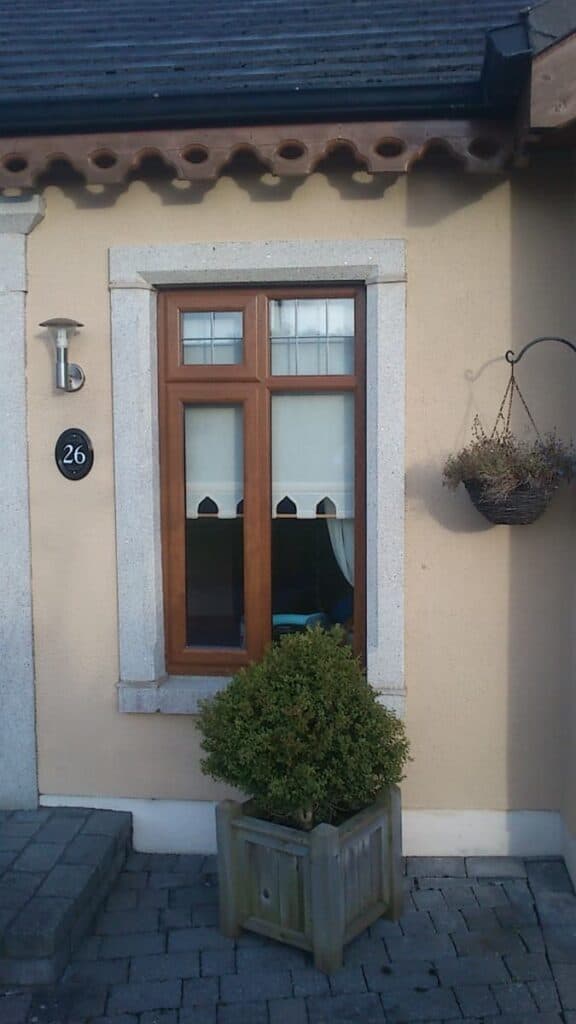 House window with hanging basket and potted plant.