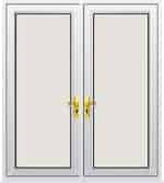 White double casement window with golden handles.