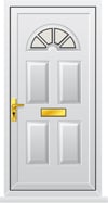 White front door with letterbox and window.