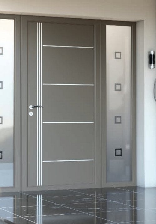 Modern grey front door with geometric design.