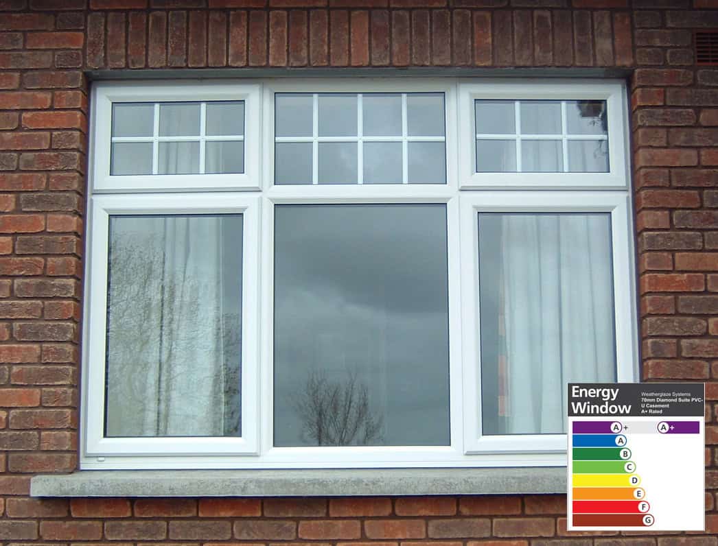 Energy-efficient window with brick wall backdrop.